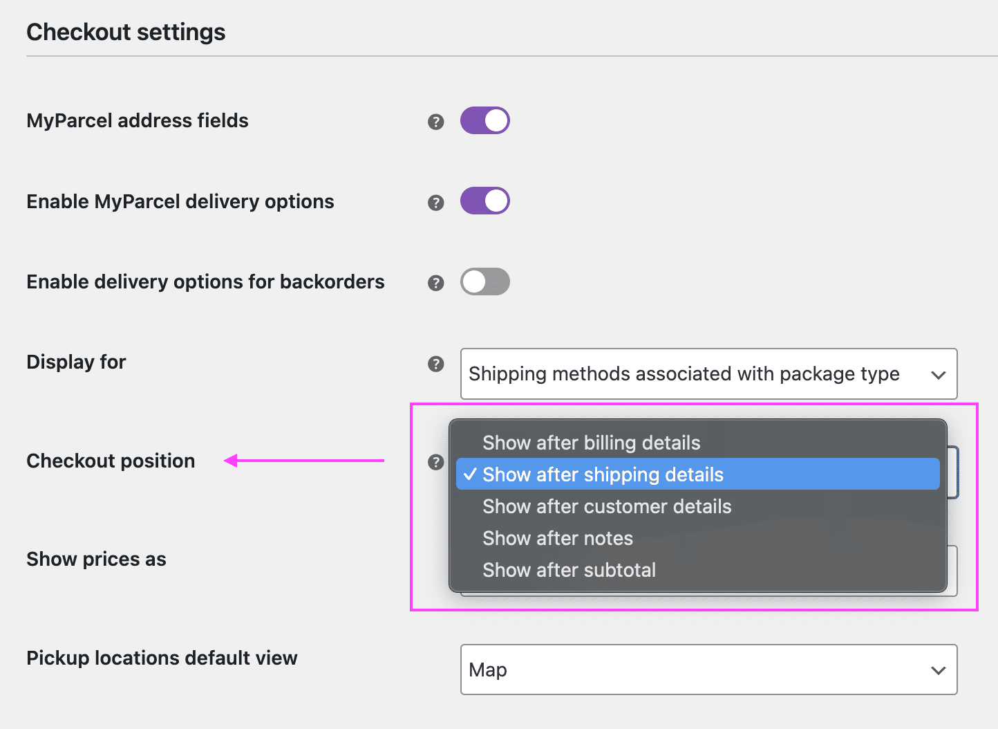 Screenshot of the options of MyParcel to selection the position to display extra fields on the checkout page.