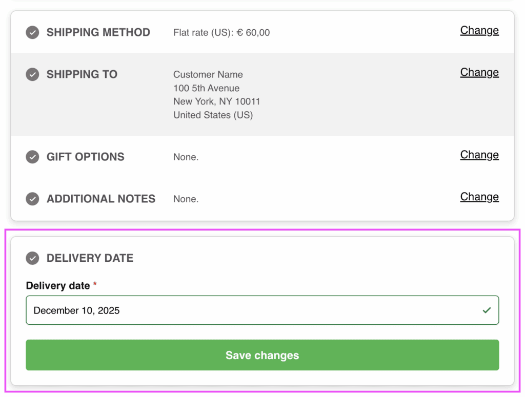 Screenshot showing the delivery date field as a separate step on the checkout form.