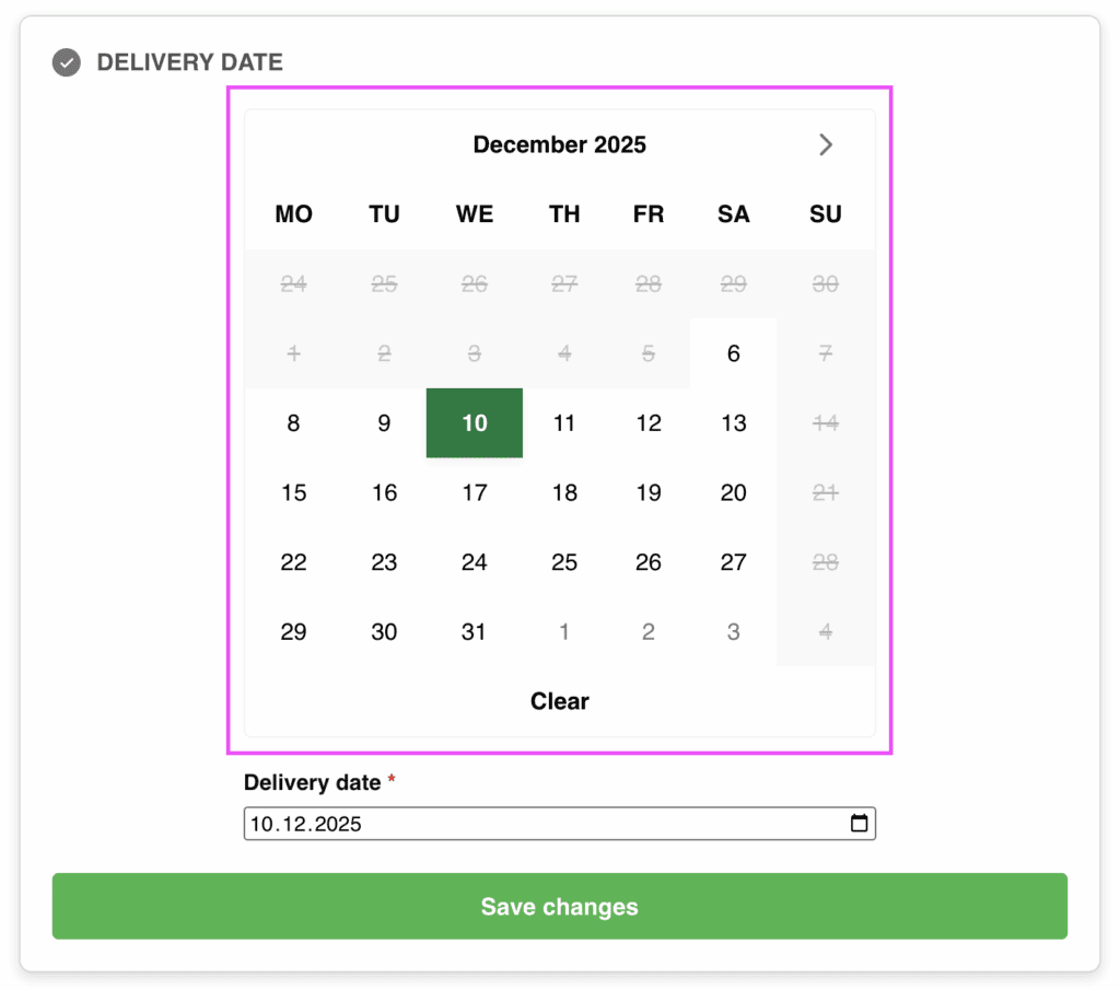 Screenshot showing the inline calendar view for Order Delivery for WooCommerce by Kestrel when using Fluid Checkout PRO.